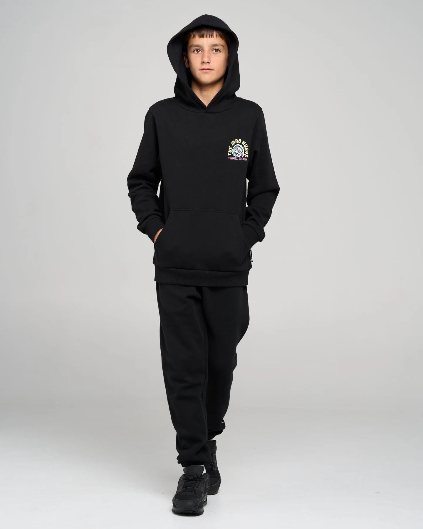THE MAD HUEYS TUNNEL VISION YOUTH HOODED PULLOVER KIDS FLEECE HOODIE BLACK