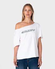 RUSTY NEW BUT OLD OFF SHOULDER GRAPHIC TEE WOMENS RELAXED TOP VINTAGE WHITE