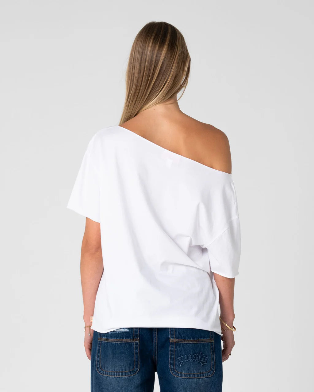 RUSTY NEW BUT OLD OFF SHOULDER GRAPHIC TEE WOMENS RELAXED TOP VINTAGE WHITE