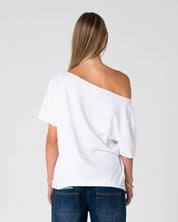 RUSTY NEW BUT OLD OFF SHOULDER GRAPHIC TEE WOMENS RELAXED TOP VINTAGE WHITE