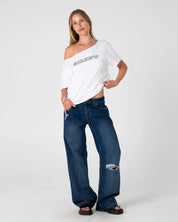 RUSTY NEW BUT OLD OFF SHOULDER GRAPHIC TEE WOMENS RELAXED TOP VINTAGE WHITE