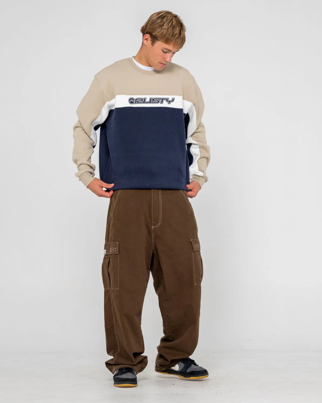 RUSTY POD RACER CREW FLEECE MENS JUMPER NAVY BLUE