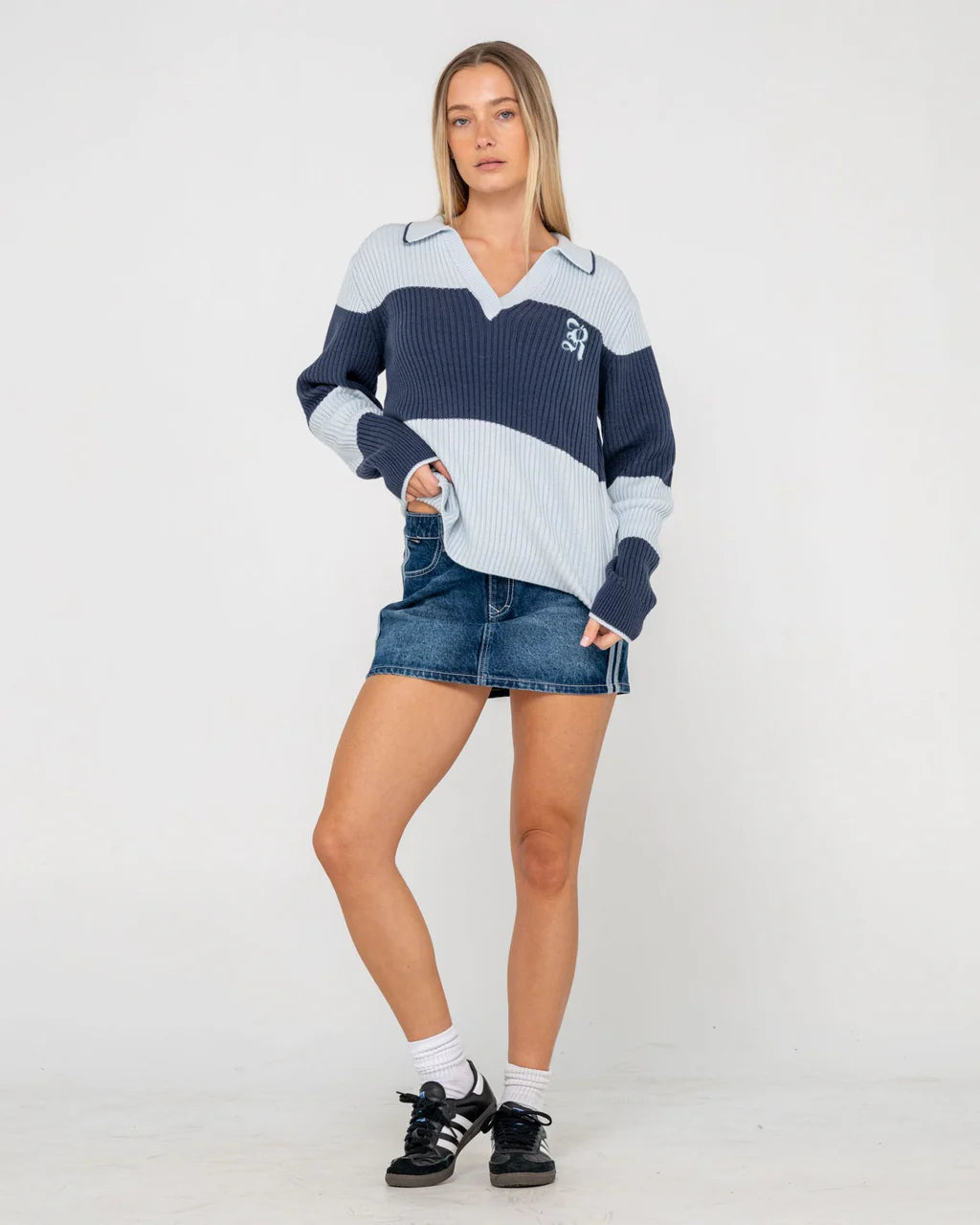RUSTY TRY ME KNITTED RUGBY TOP WOMENS LONG SLEEVE TOP RETRO BLUE NAVY