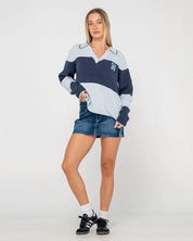 RUSTY TRY ME KNITTED RUGBY TOP WOMENS LONG SLEEVE TOP RETRO BLUE NAVY
