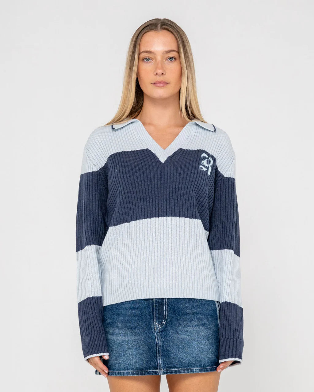 RUSTY TRY ME KNITTED RUGBY TOP WOMENS LONG SLEEVE TOP RETRO BLUE NAVY