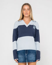 RUSTY TRY ME KNITTED RUGBY TOP WOMENS LONG SLEEVE TOP RETRO BLUE NAVY