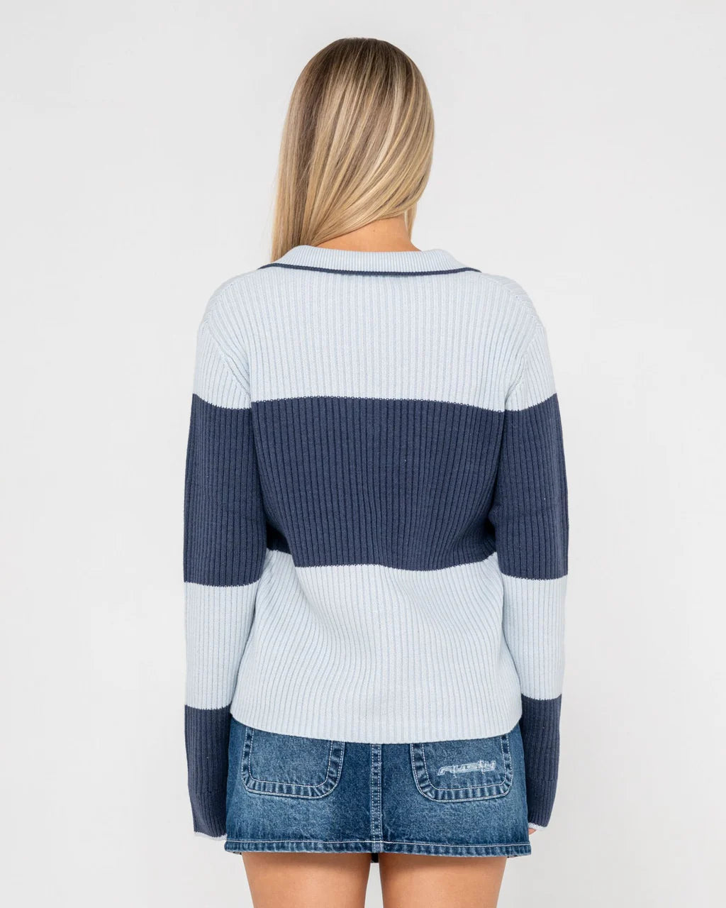 RUSTY TRY ME KNITTED RUGBY TOP WOMENS LONG SLEEVE TOP RETRO BLUE NAVY