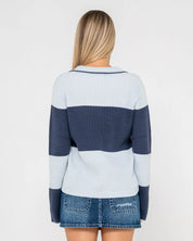 RUSTY TRY ME KNITTED RUGBY TOP WOMENS LONG SLEEVE TOP RETRO BLUE NAVY