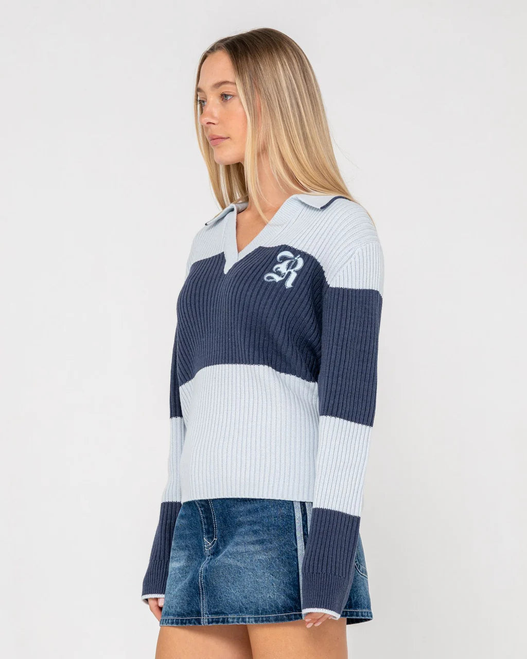 RUSTY TRY ME KNITTED RUGBY TOP WOMENS LONG SLEEVE TOP RETRO BLUE NAVY