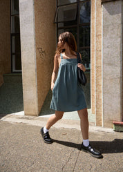 AFENDS VOYAGER MINI DRESS RECYCLED CHECK BABYDOLL DEEP OLIVE