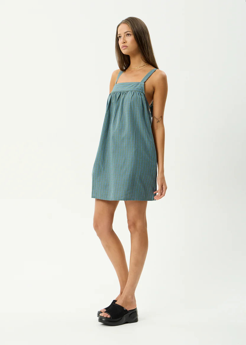 AFENDS VOYAGER MINI DRESS RECYCLED CHECK BABYDOLL DEEP OLIVE