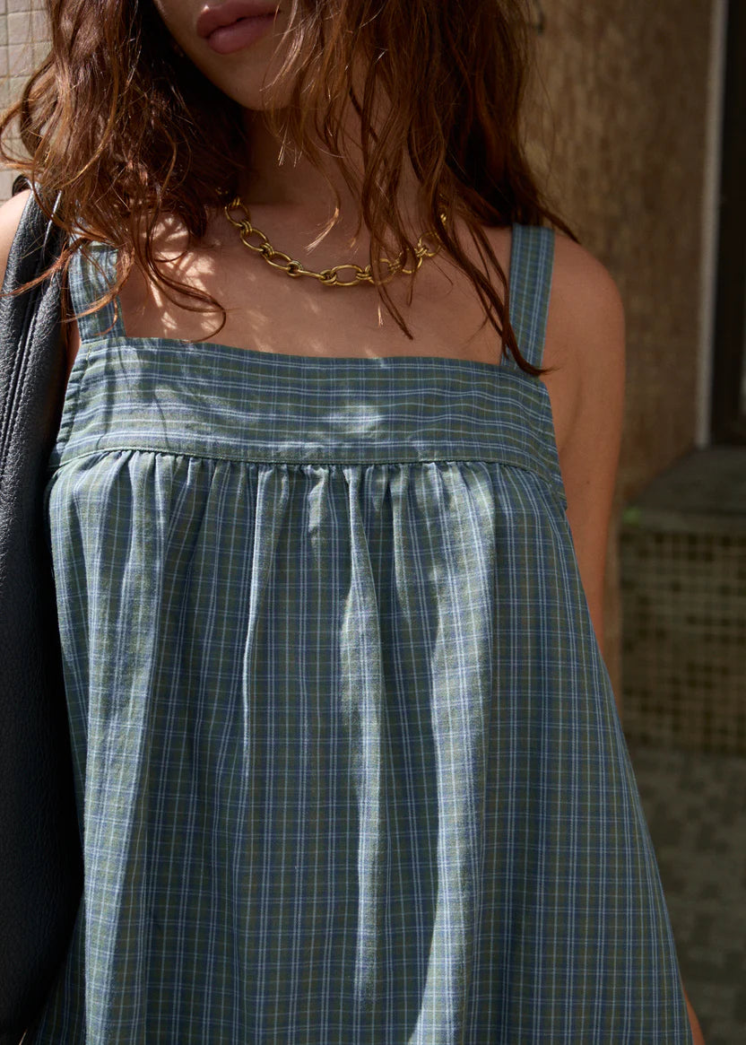 AFENDS VOYAGER MINI DRESS RECYCLED CHECK BABYDOLL DEEP OLIVE