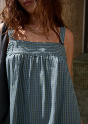AFENDS VOYAGER MINI DRESS RECYCLED CHECK BABYDOLL DEEP OLIVE