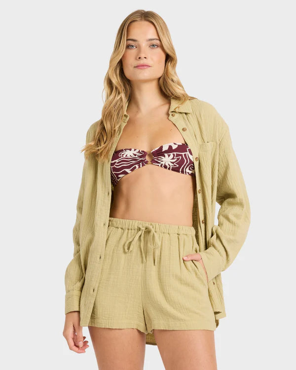 BILLABONG WANDERER WOMENS ELASTIC WAIST SHORTS CACTUS GREEN BEACH SHORTS
