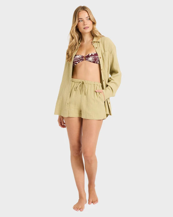 BILLABONG WANDERER WOMENS ELASTIC WAIST SHORTS CACTUS GREEN BEACH SHORTS