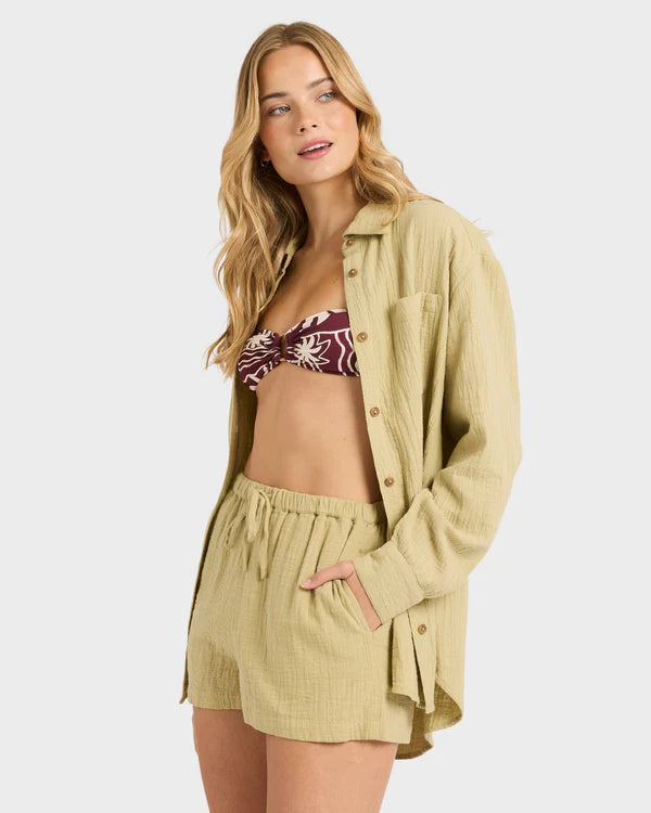 BILLABONG WANDERER WOMENS ELASTIC WAIST SHORTS CACTUS GREEN BEACH SHORTS