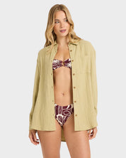 BILLABONG WANDERER WOMENS LONG SLEEVE SHIRT CACTUS GREEN BEACH SHIRT