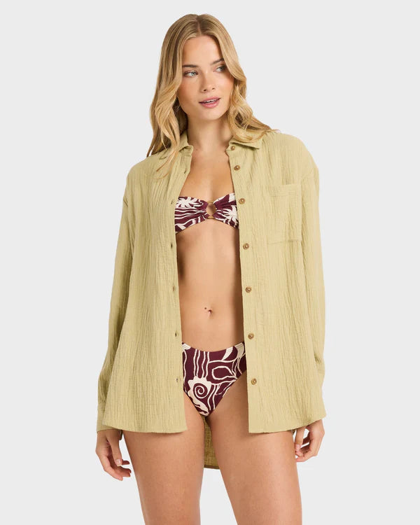 BILLABONG WANDERER WOMENS LONG SLEEVE SHIRT CACTUS GREEN BEACH SHIRT